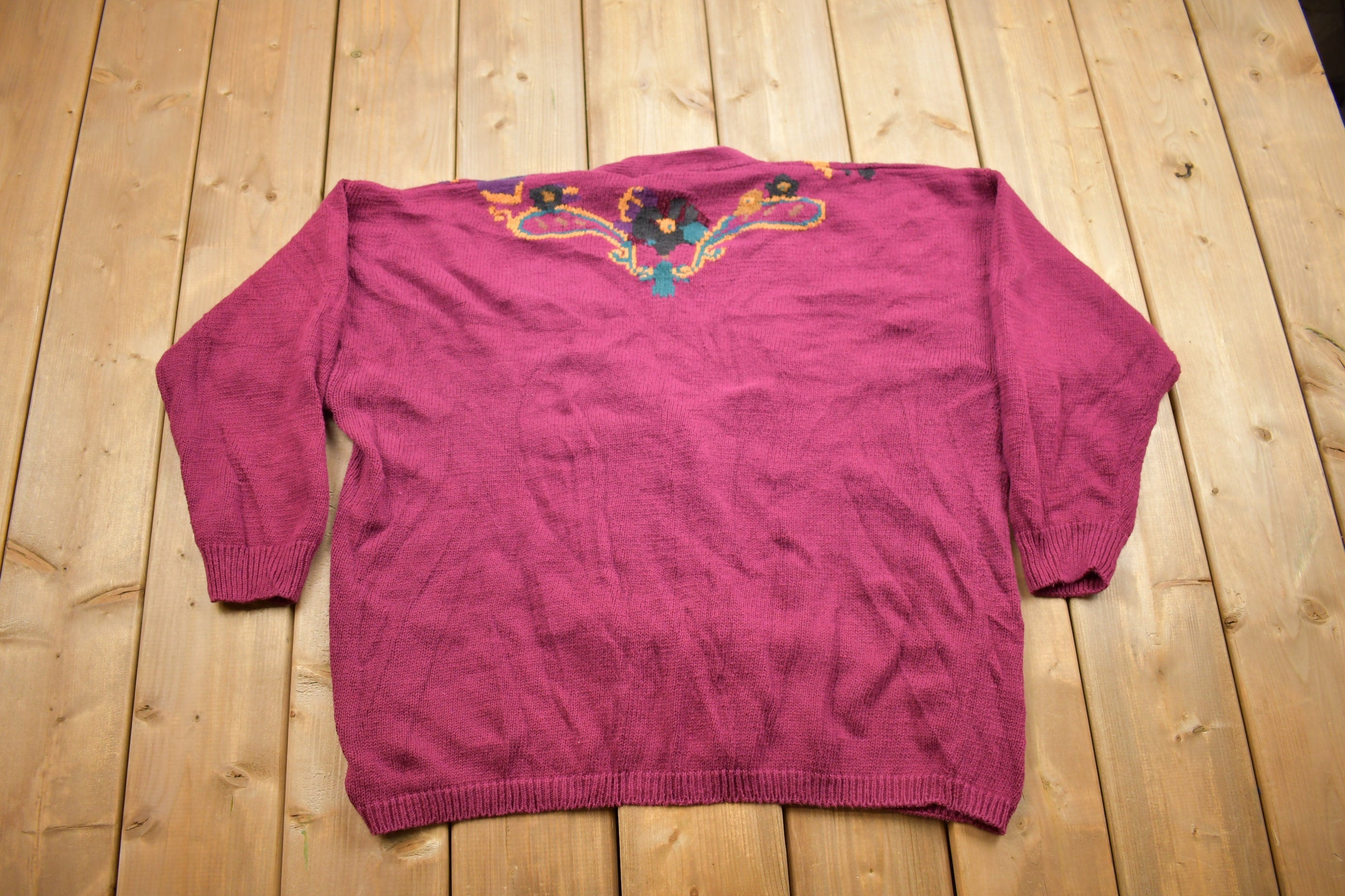 Vintage 1990s Maggie Lawrence Floral Paisley Knitted Cardigan Sweater