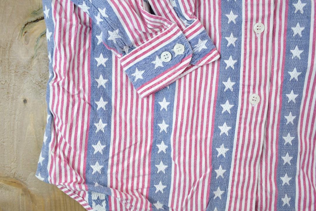 Vintage 1990s Lemon Grass All Over Print American Flag Button Up Shirt / 1990s Button Up / Vintage Flannel / Basic Button Up