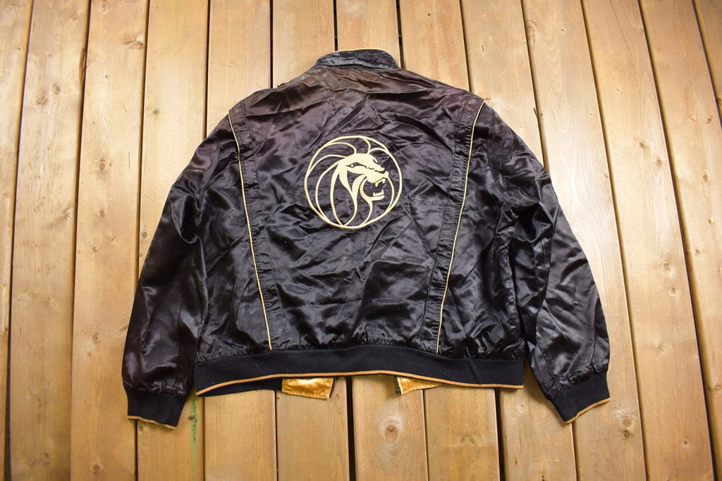 Vintage 1980s MGM Grand Las Vegas Satin Jacket  Made In USA  Embroidered  Streetwear  Zip Up  Lion's Head