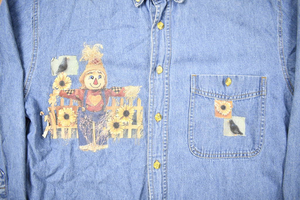 Vintage 1990s Scarecrow Farm Theme Button Up Shirt
