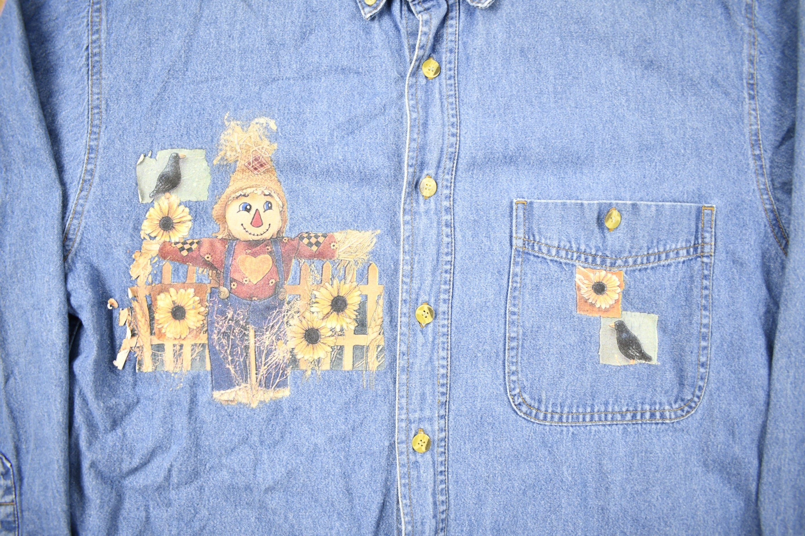 Vintage 1990s Scarecrow Farm Theme Button Up Shirt