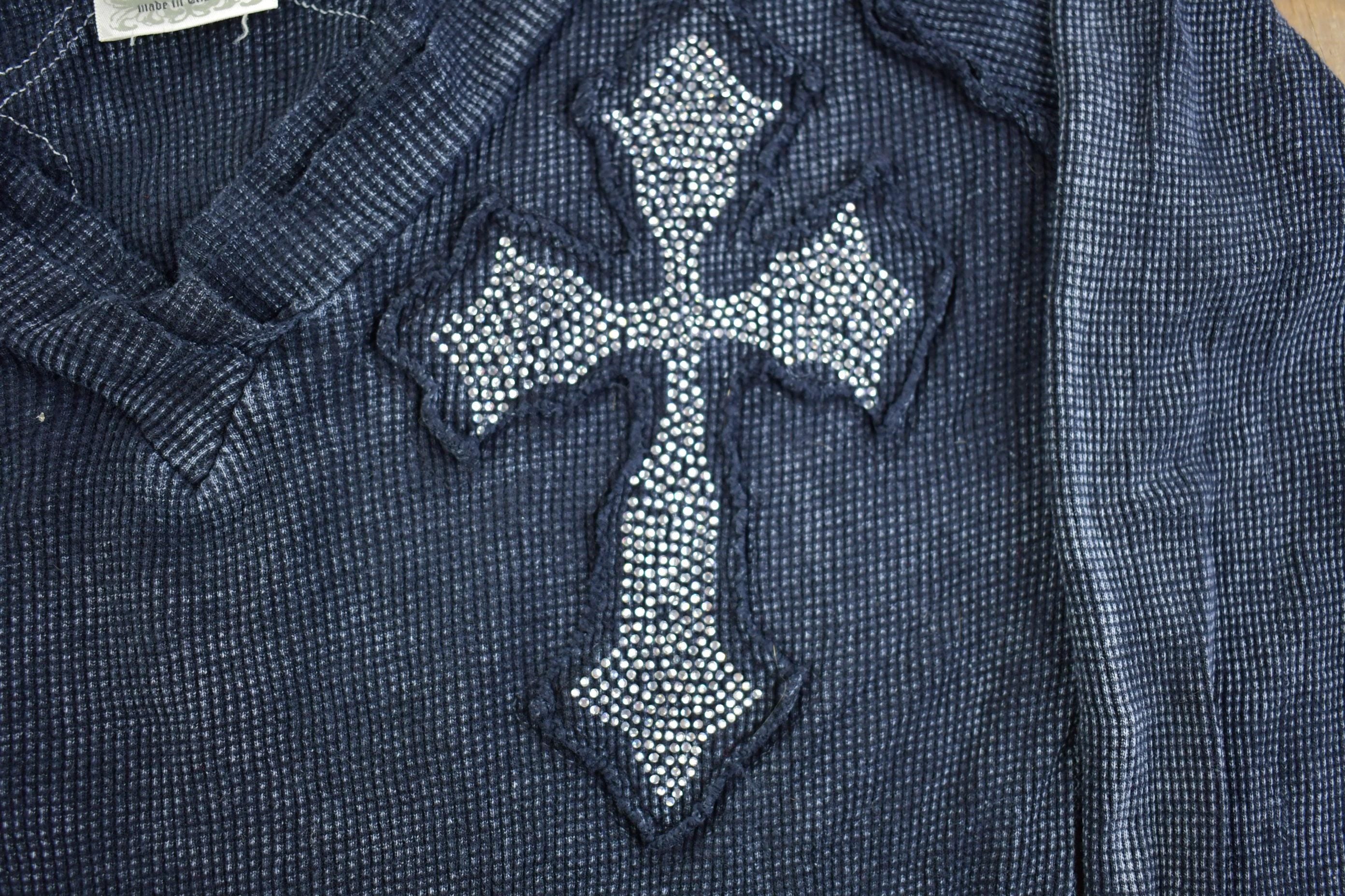 Vintage Y2k Voral Rhinestone Cross Faded Long Sleeve Shirt / Made In USA