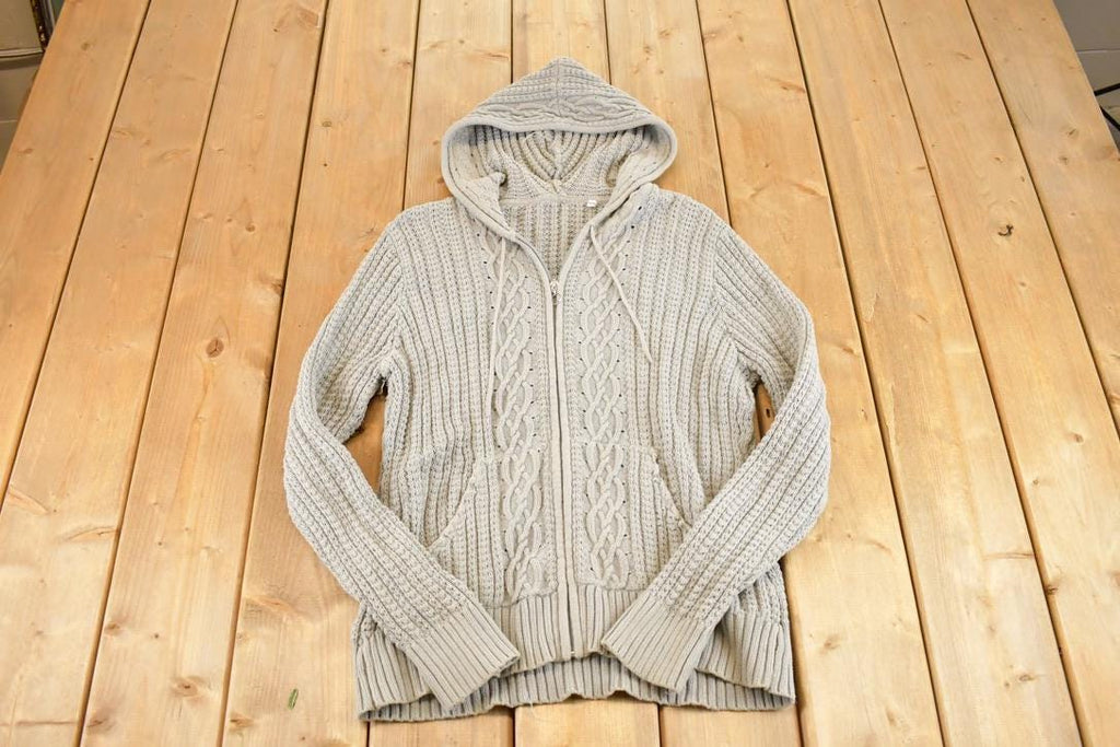 Vintage 1990s Hooded Cable Knit Cardigan Sweater Womens S  Preppy Knit Cardigan  Fancy Knit Vintage Cardigan