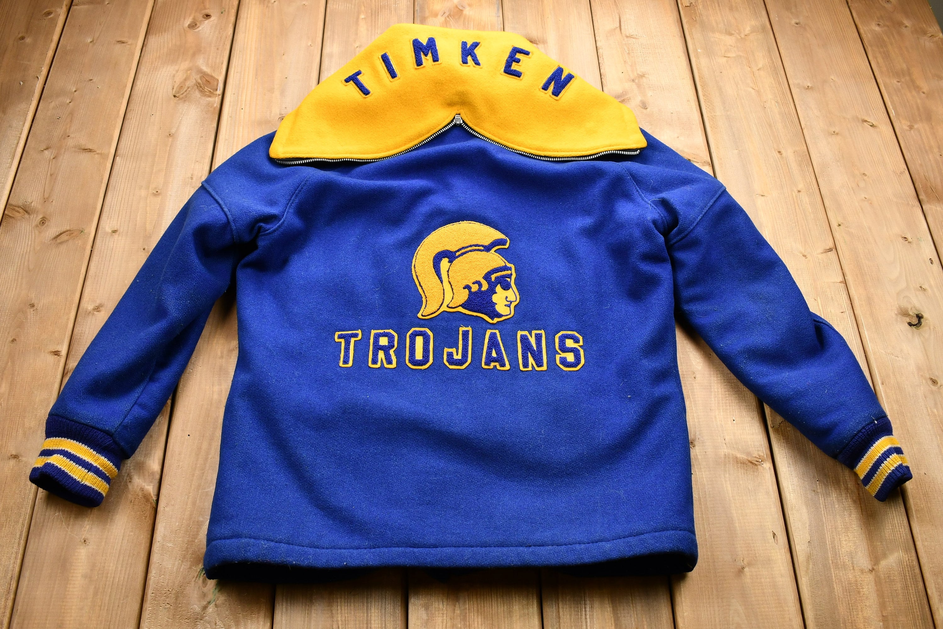 Vintage 1970s Timken Trojans Janet #80 Letterman Zip-Hood Snap Button Jacket