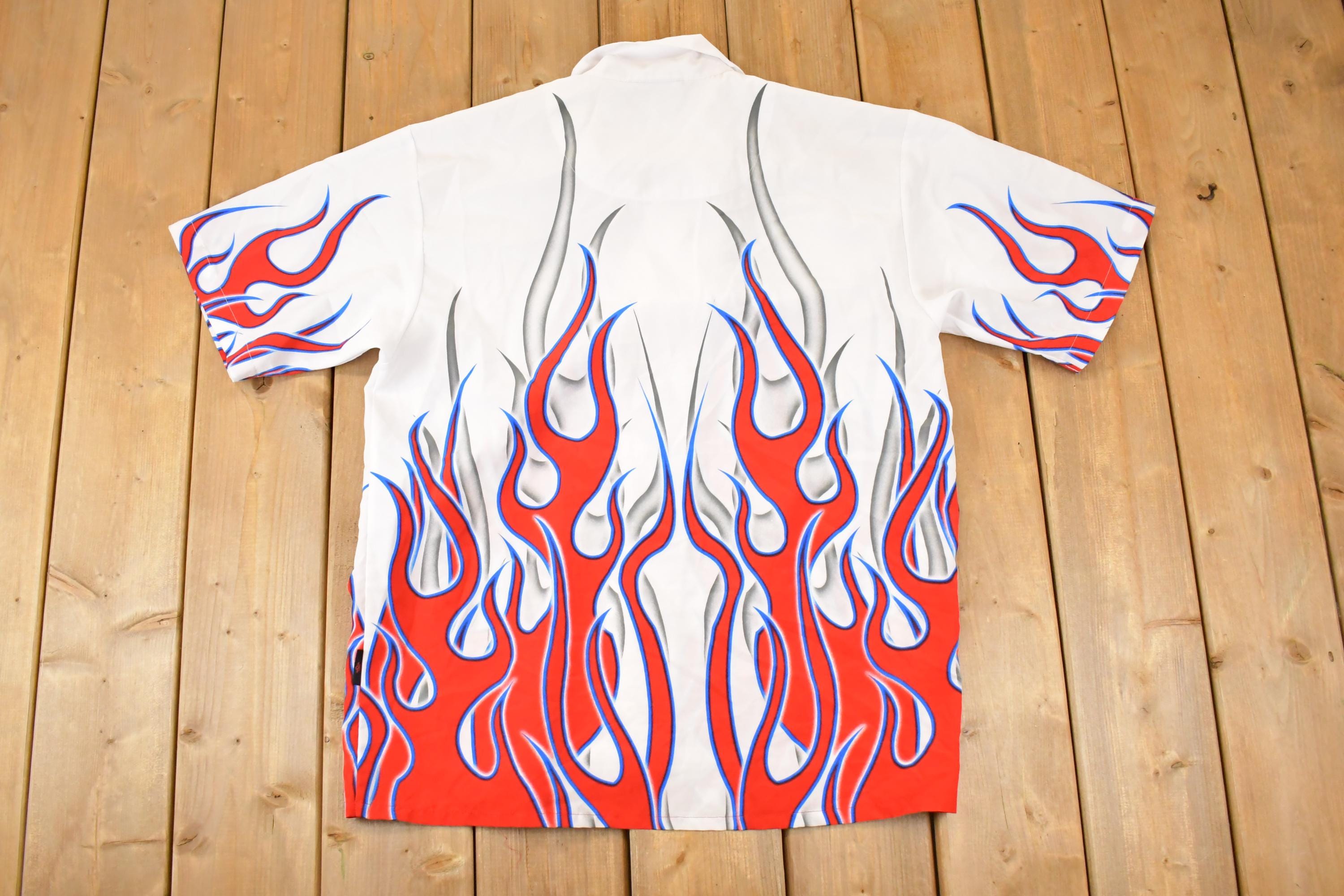 Vintage 1990s Flames AOP Rock Button Up Shirt Men's XL / Fire Pattern / Rock Style / Boxy Fit