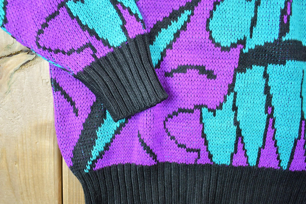 Vintage 1990s Design Funky Neon Leaf Pattern Knit Crewneck Sweater
