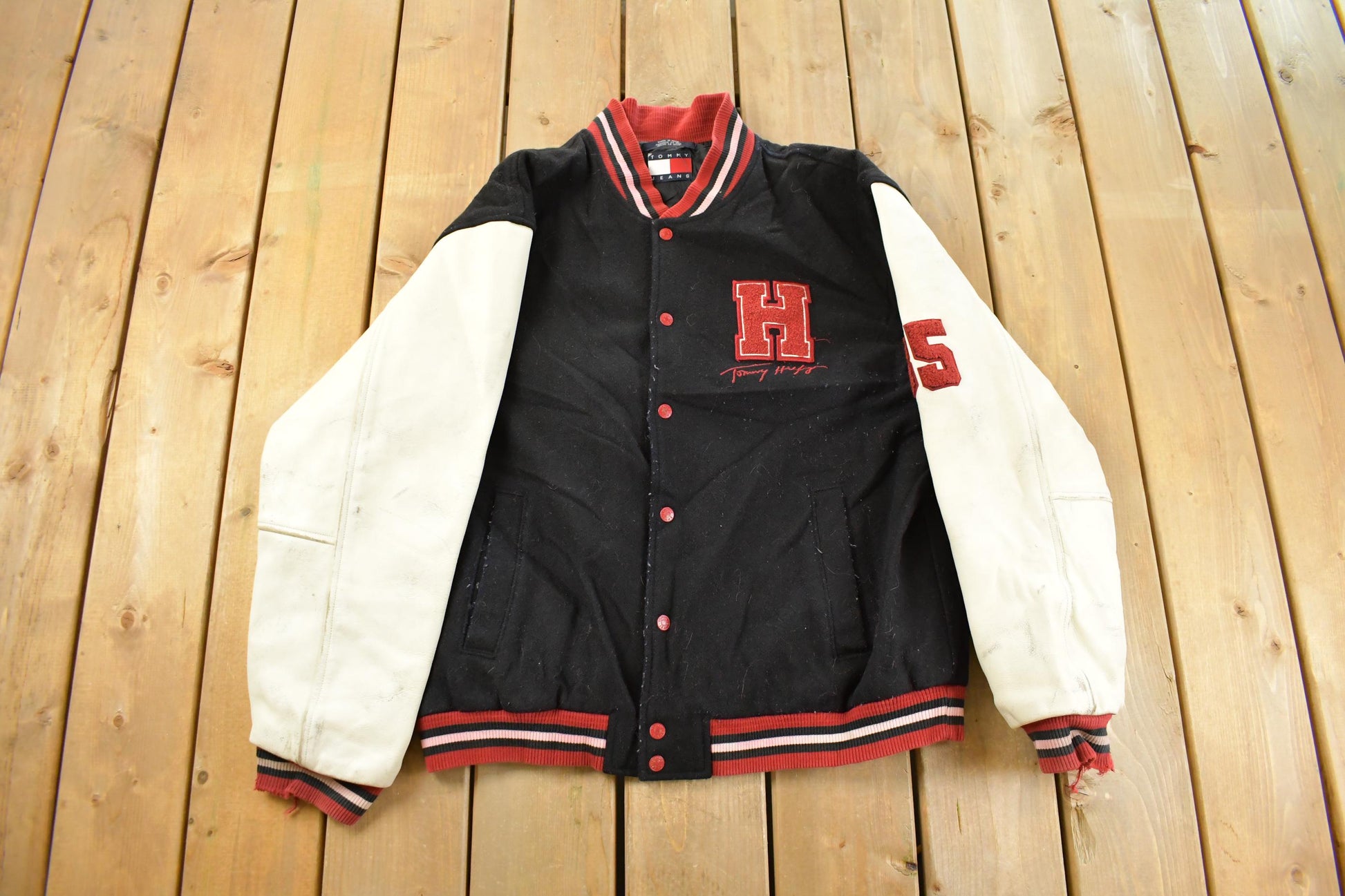 Vintage 1990s Tommy Hilfiger Wool Leather Varsity Jacket Men's Large