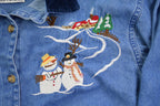 Vintage 1990s Snowman Winter Embroidered Denim Button Up Shirt