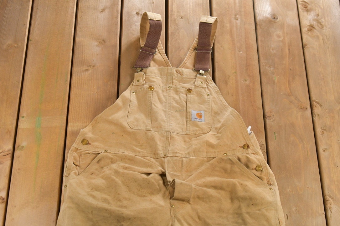 Vintage 1980s Carhartt Beige Canvas Double Knee Overalls / Utility Overalls / Vintage Workwear / Union Made In USA / Coveralls