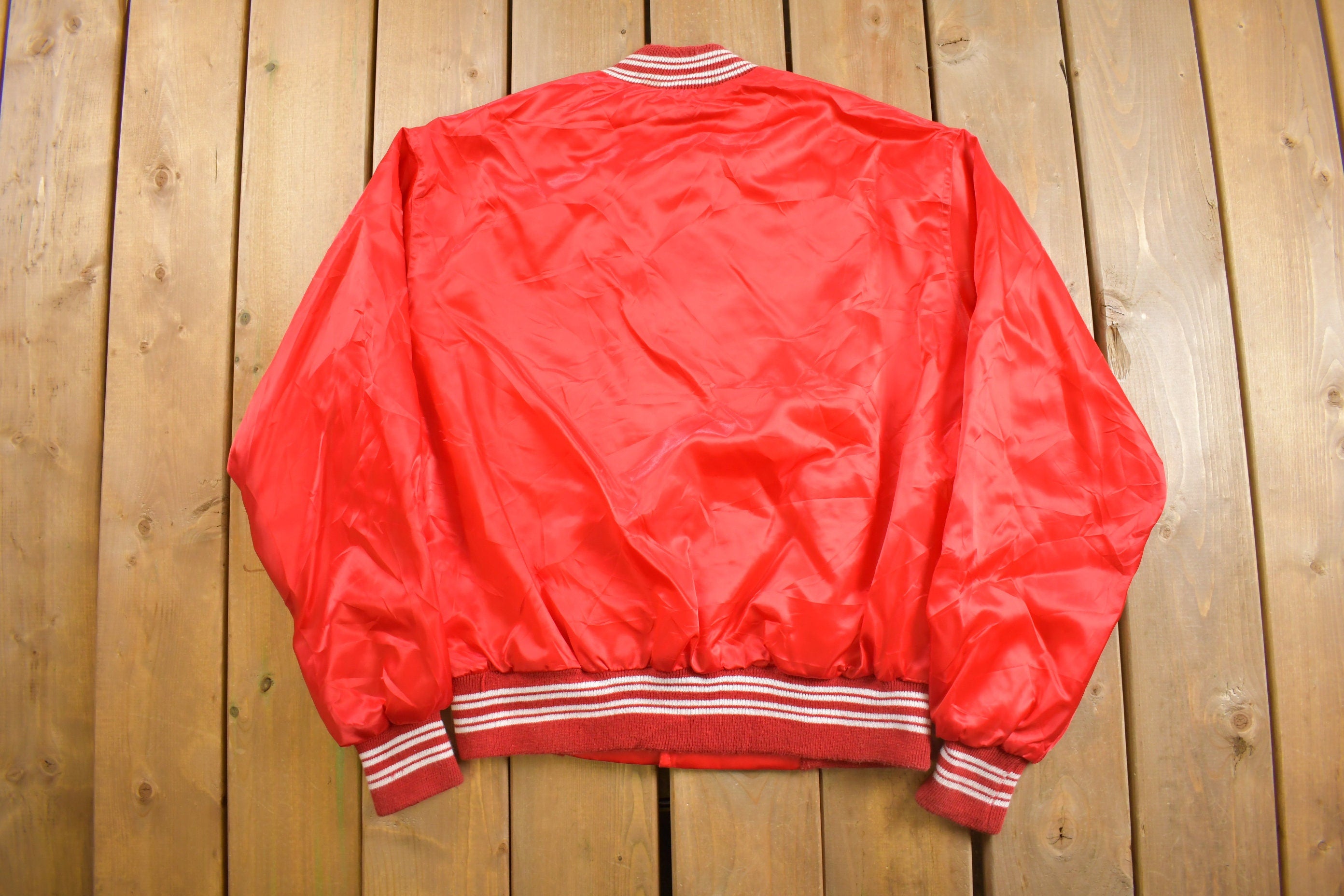 Vintage 1980s Ortofon Red and White Satin Bomber Jacket