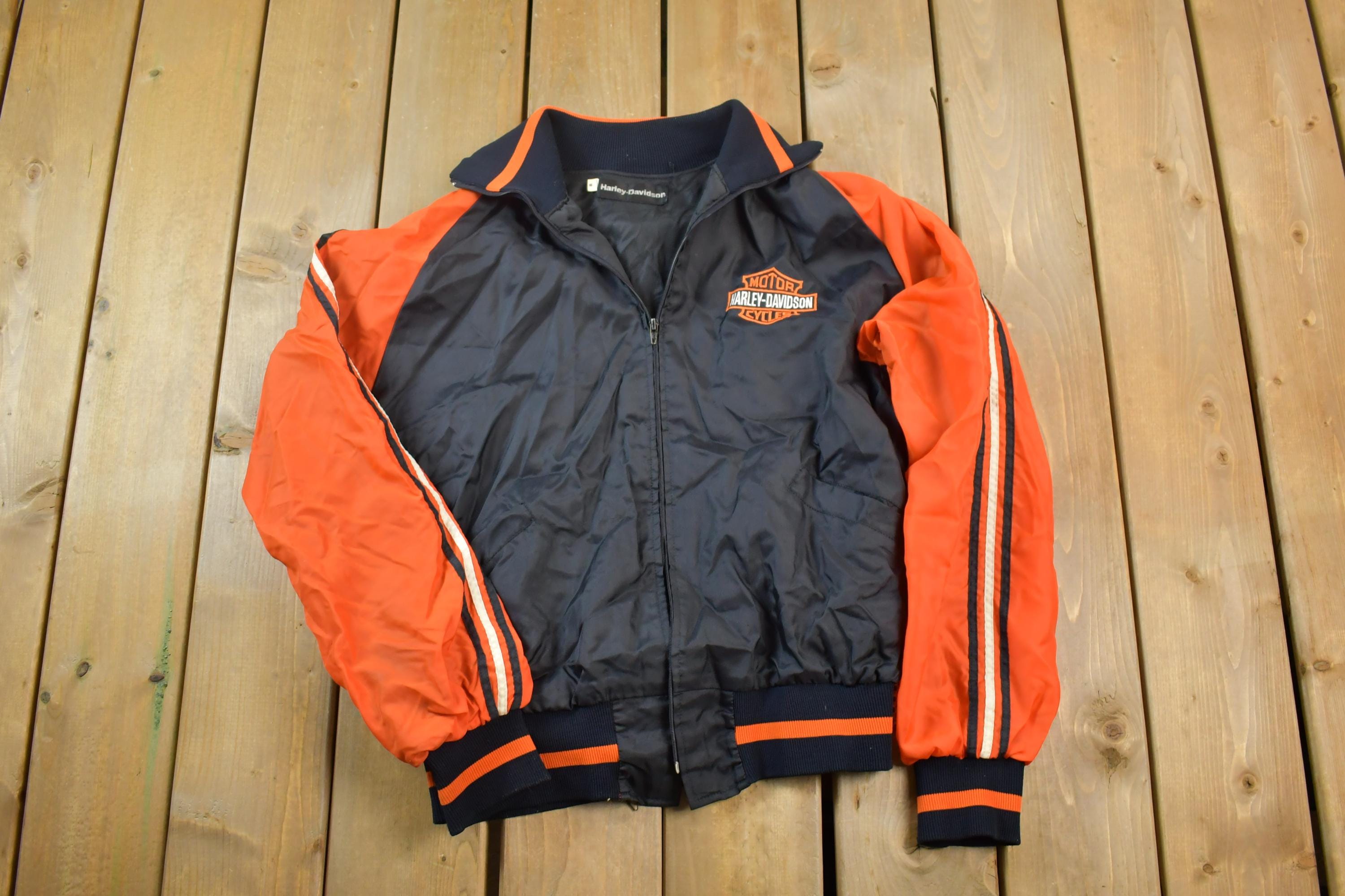 Vintage 1990s Harley Davidson Embroidered Motorcycle Satin Nylon Bomber Jacket
