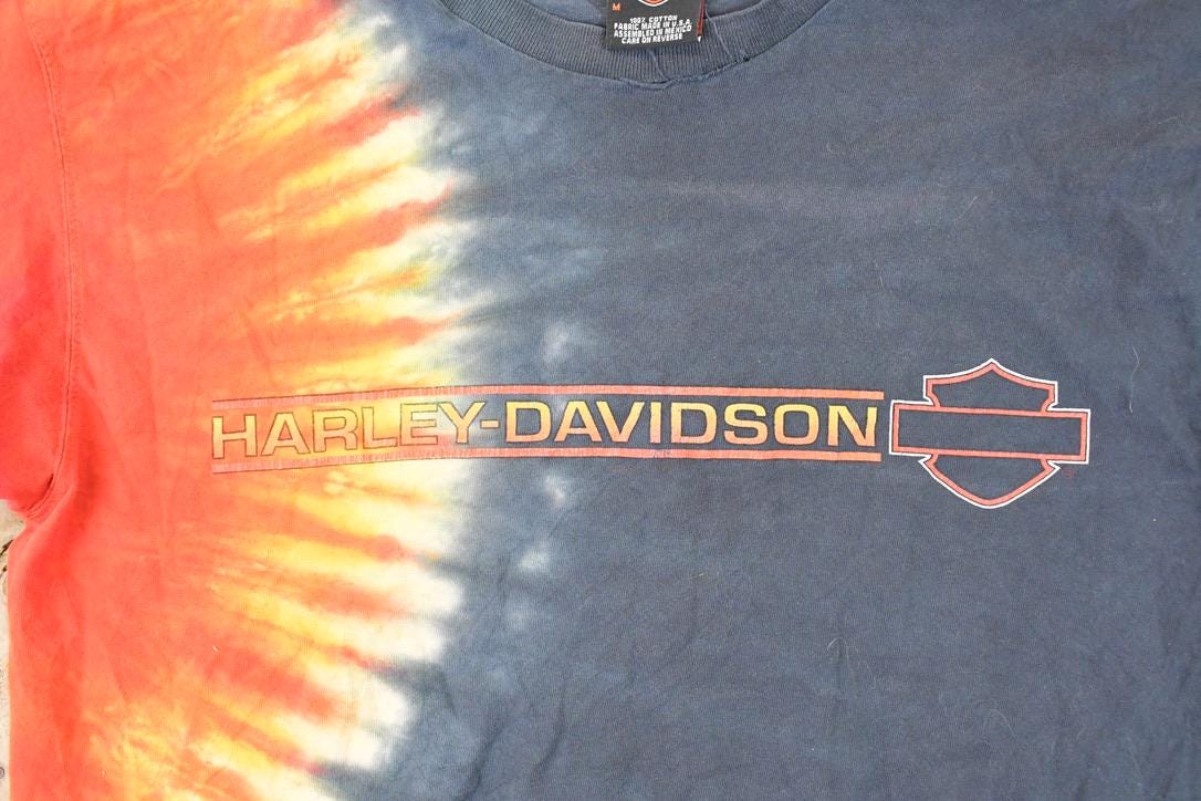 Vintage 1990s Warren Harley Davidson Motorcycles Tye Dye Cropped Biker T-Shirt Women's M