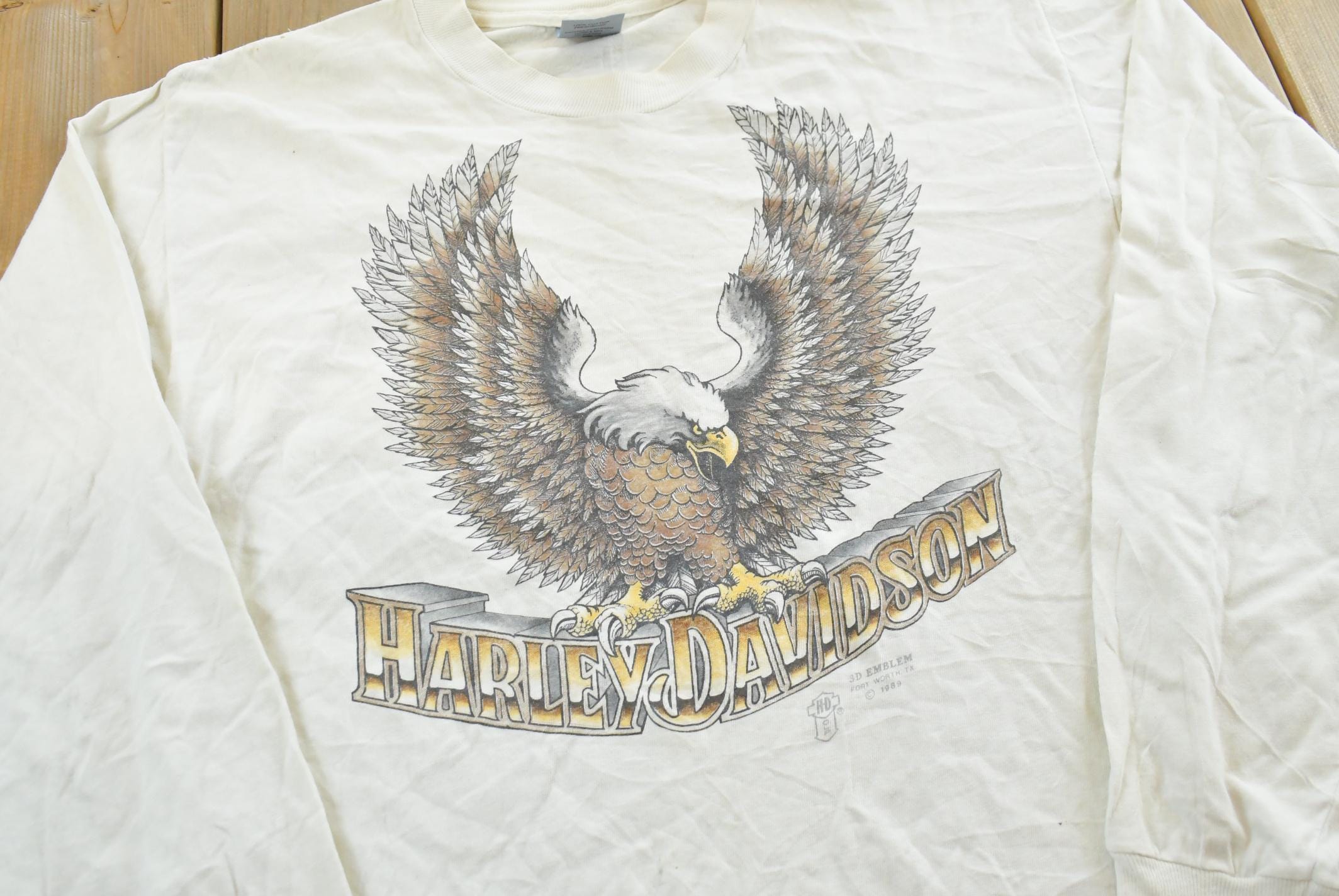 Vintage 1989 3D Emblem El Paso Texas Bald Eagle Harley-Davidson Motorcycles Long Sleeve T-Shirt Mens S /