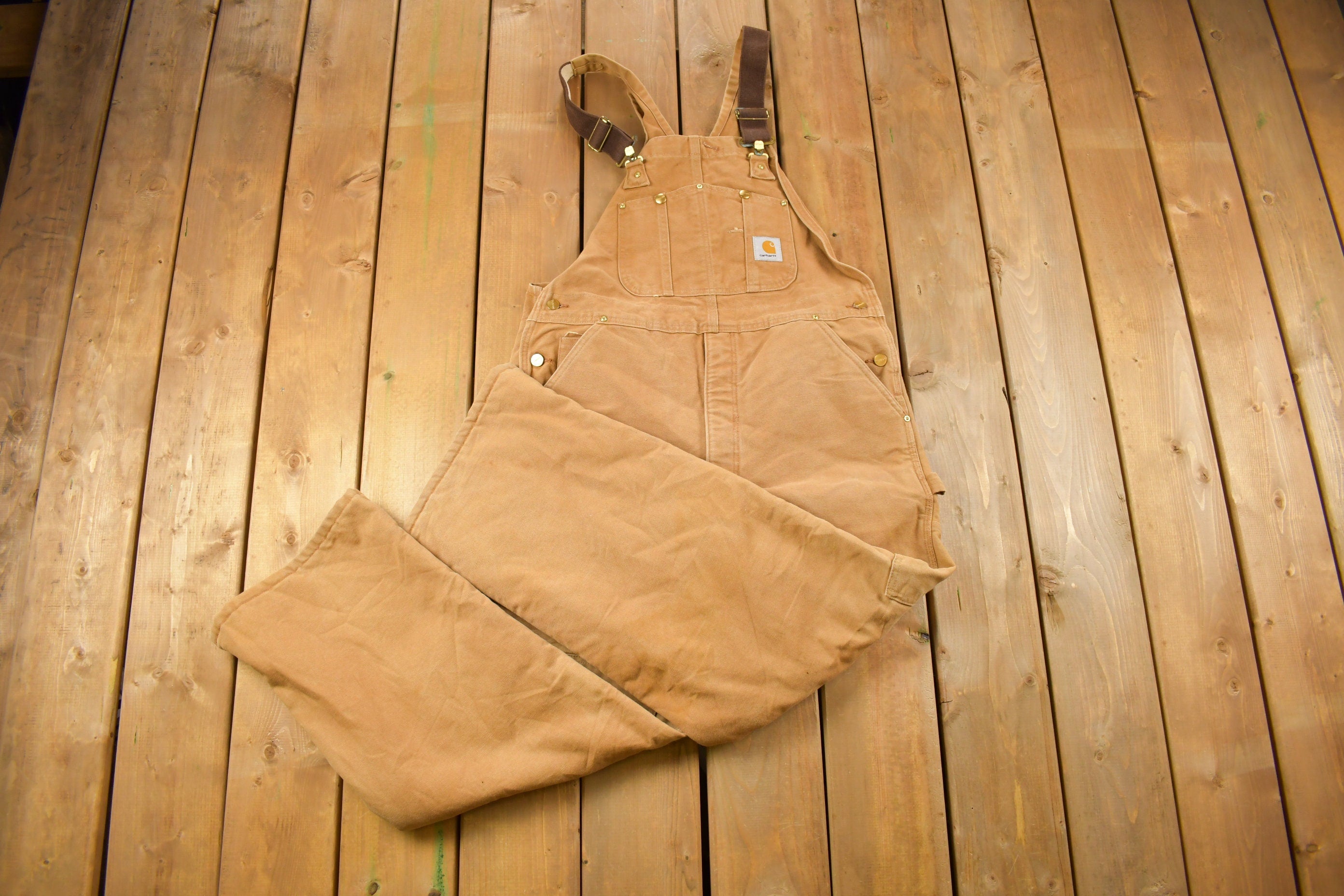 Vintage 1990s Carhartt Beige Double Knee Canvas Quilted Overalls Size 38 x 30