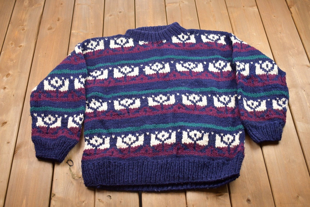 Vintage 1990s Rey Wear 100% Wool Handmade Knit Sweater