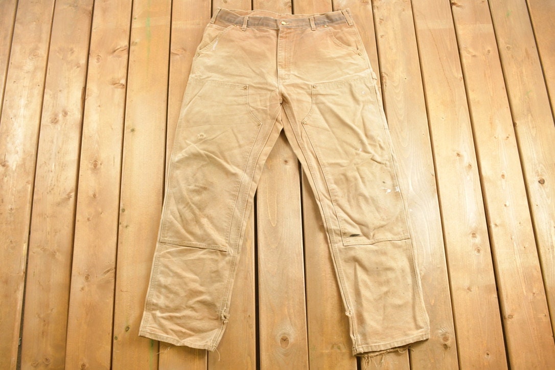 Vintage 1990s Carhartt Beige Double Knee Work Pants Size 38 x 32