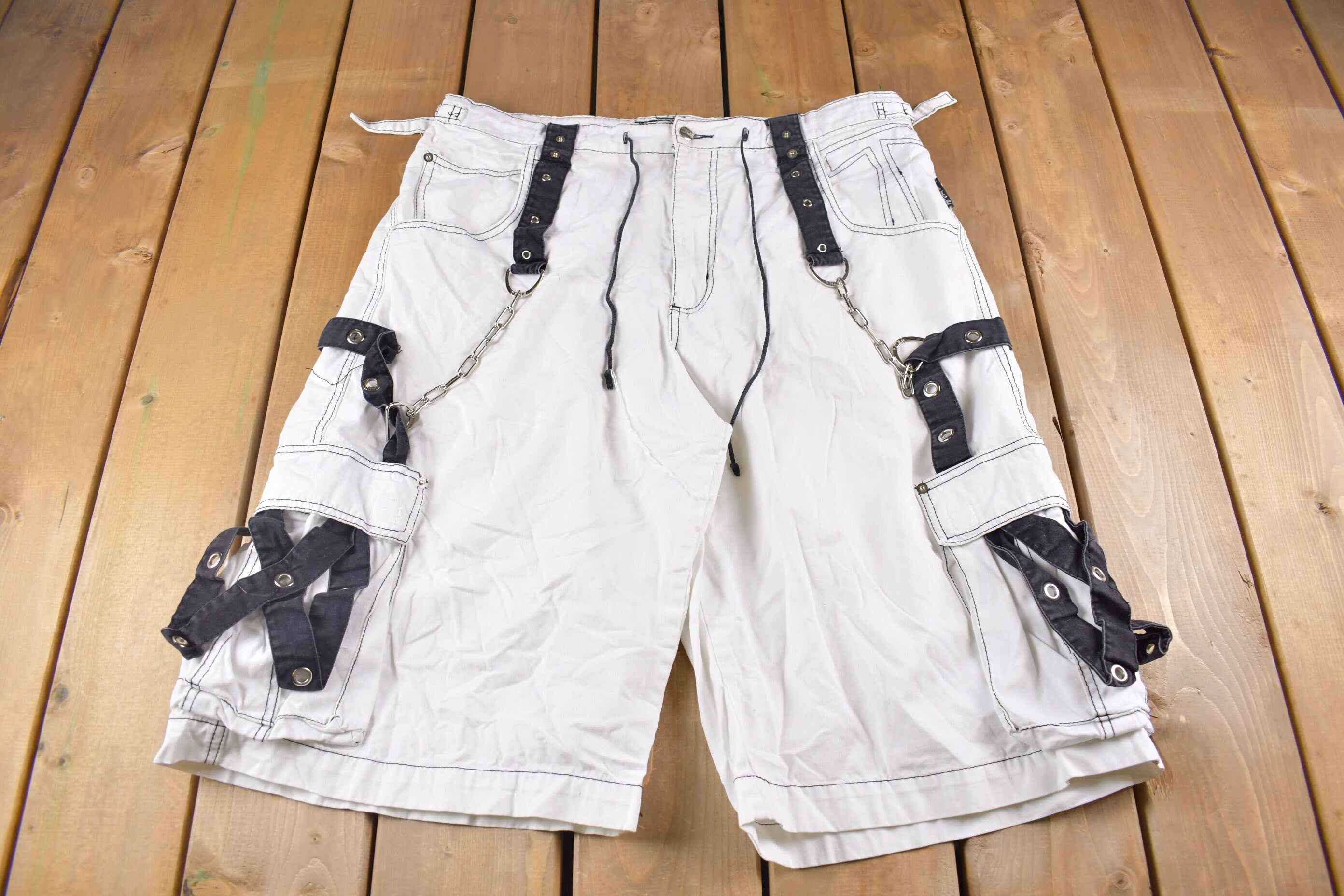 Vintage 1990s Trip NYC Straps & Chains Jean Shorts 38 x 15  90s Shorts  Streetwear Fashion  Bottoms  Light Wash  Vintage Jeans Jorts
