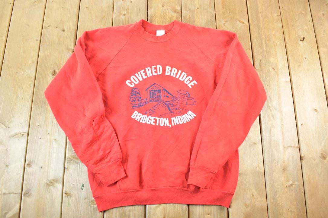 Vintage 1980s Covered Bridge Bridgeton Indiana Outdoorsman Crewneck Sweatshirt Mens L