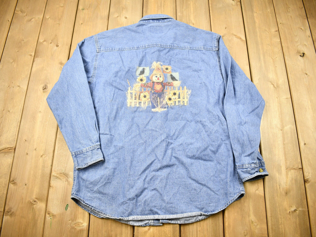 Vintage 1990s Scarecrow Farm Theme Button Up Shirt