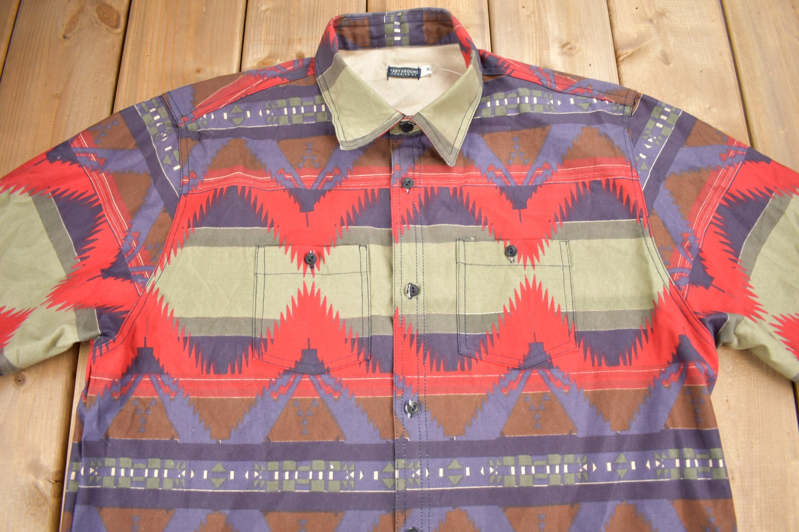 Vintage 1990s Earthbound Trading Co Aztec Pattern Button Up Shirt Heavy Weight