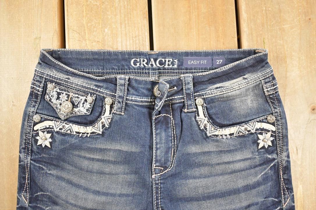 Vintage Deadstock Y2K Grace In LA Bedazzled Low Rise Jeans Women's Size 27 x 32
