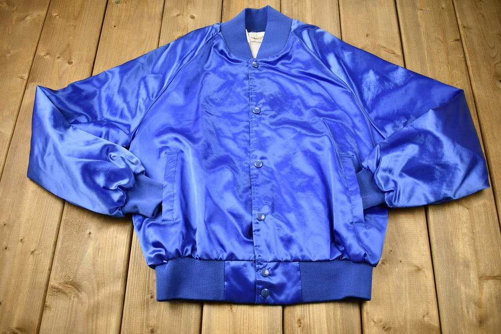 Vintage 1980s Appletree Automotive INC Silver Lake Satin Snap Button Bomber Jacket