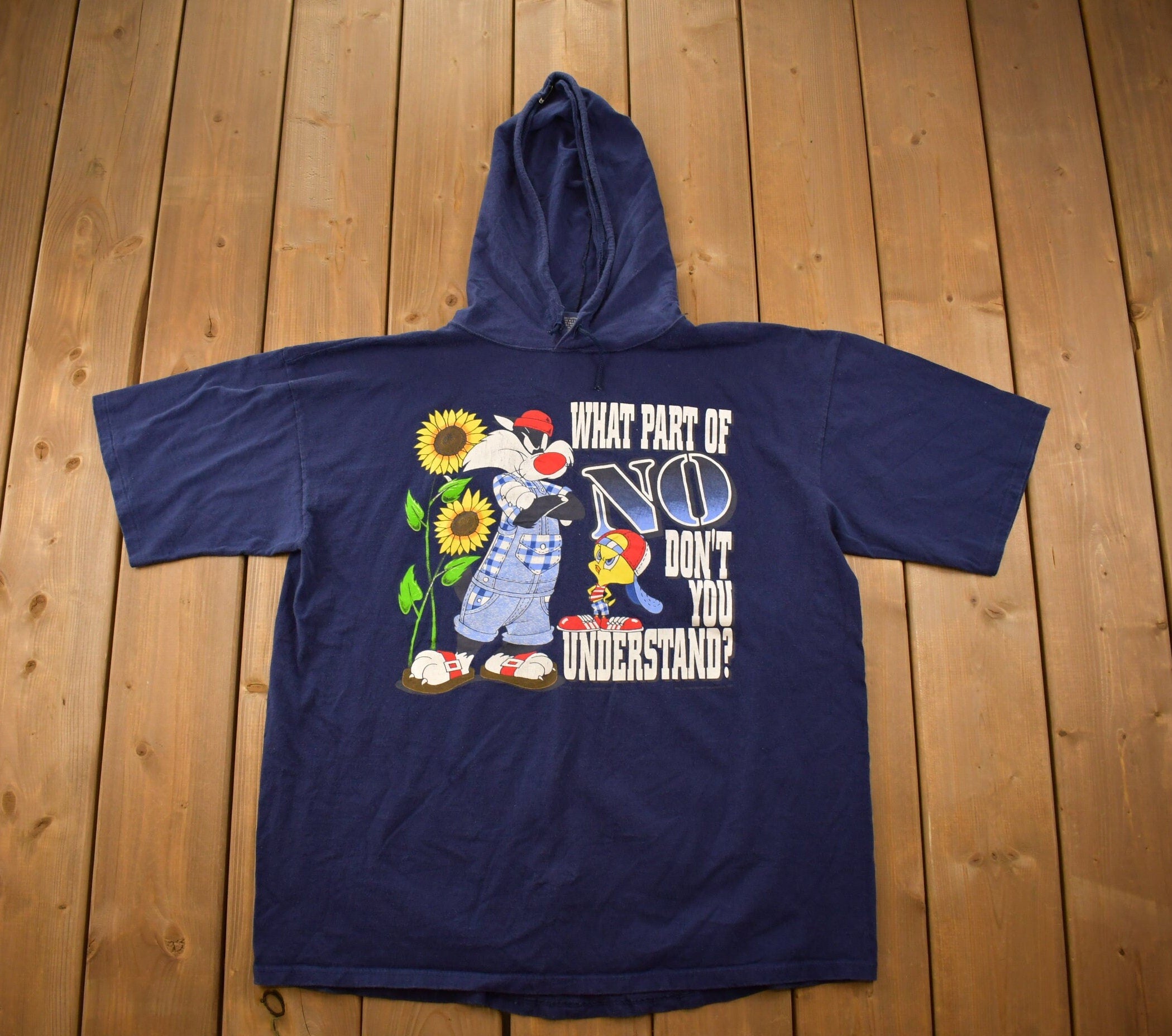 Vintage 1990s Looney Tunes Consent Graphic Short Sleeve Hoodie / 90s Hoodie / Vintage Sweater / Color Block / Cartoons / Looney Tunes