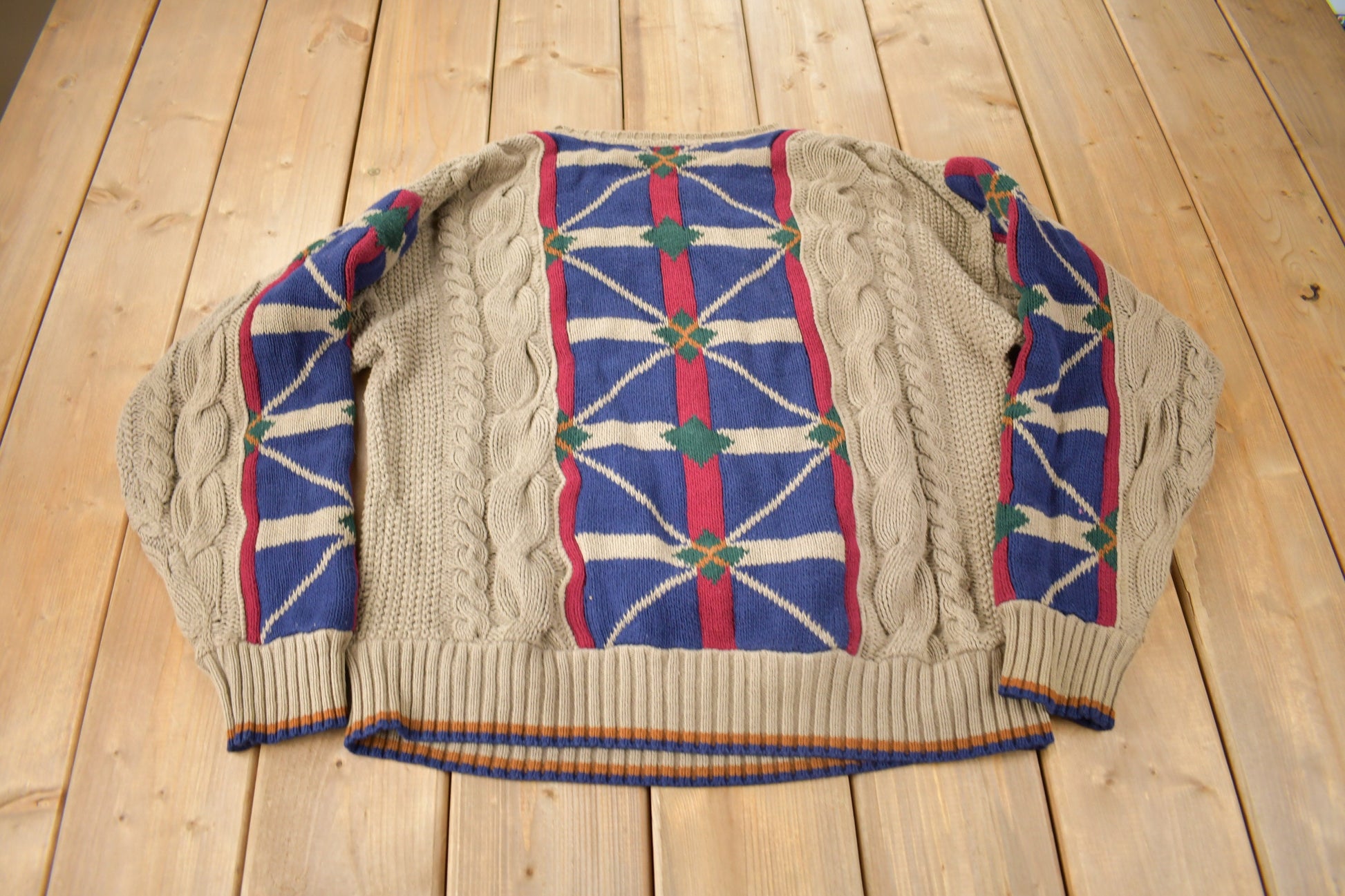 Vintage 1990s Cable Knit Color Block Knit Crewneck Sweater