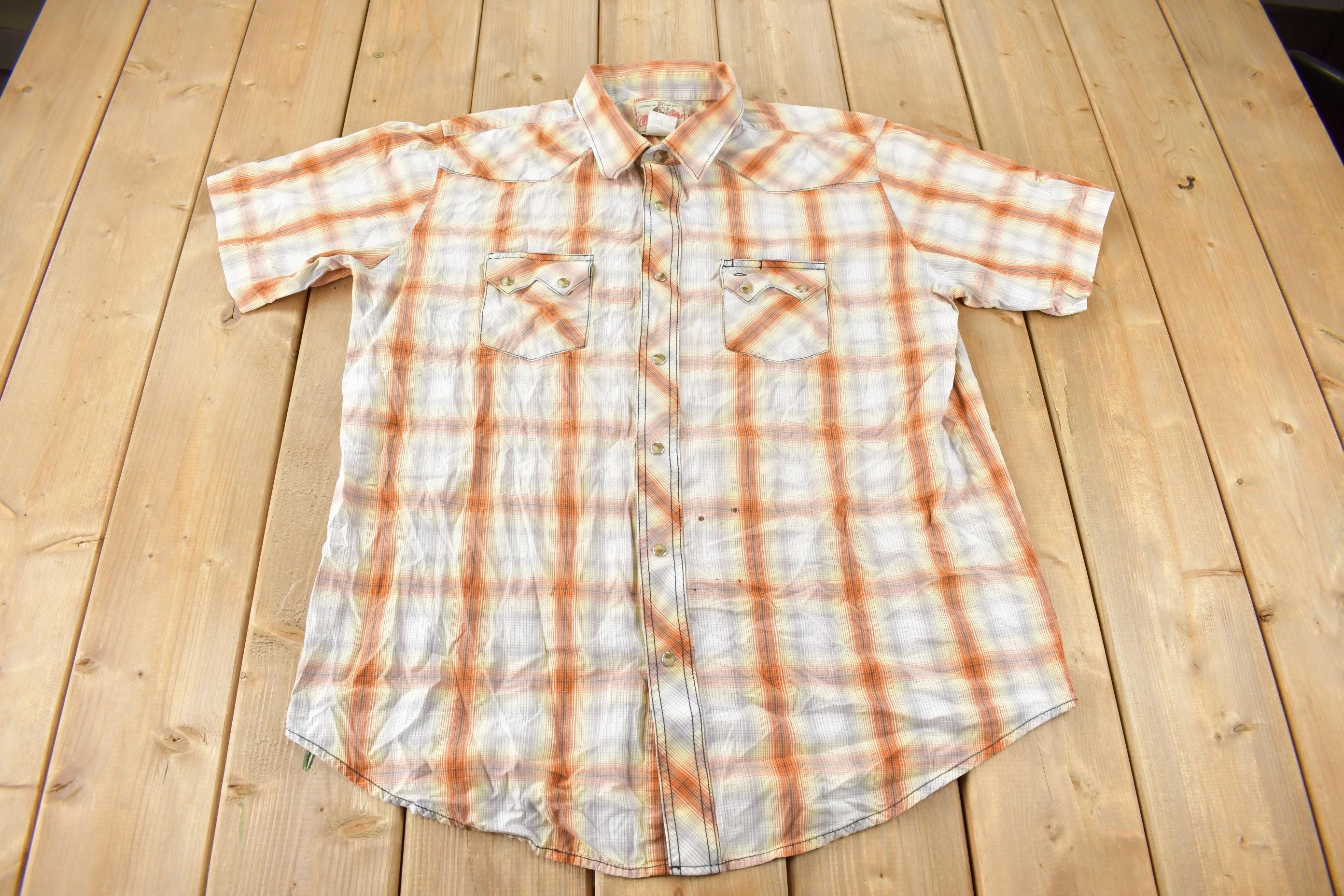 Vintage 1990s Wrangler Western Shirts Pearl Snap Short Sleeve Plaid Button Up Shirt Size XLT