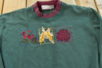 Vintage 1990s Bobbie Brooks Double Collar Embroidered Plants Cute Crewneck Sweater Mens