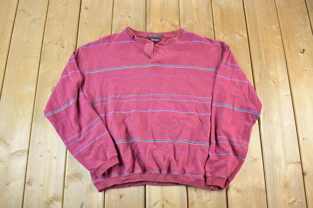 Vintage 1990s Levis Quarter Button Striped Souvenir Crewneck Sweatshirt Made In USA