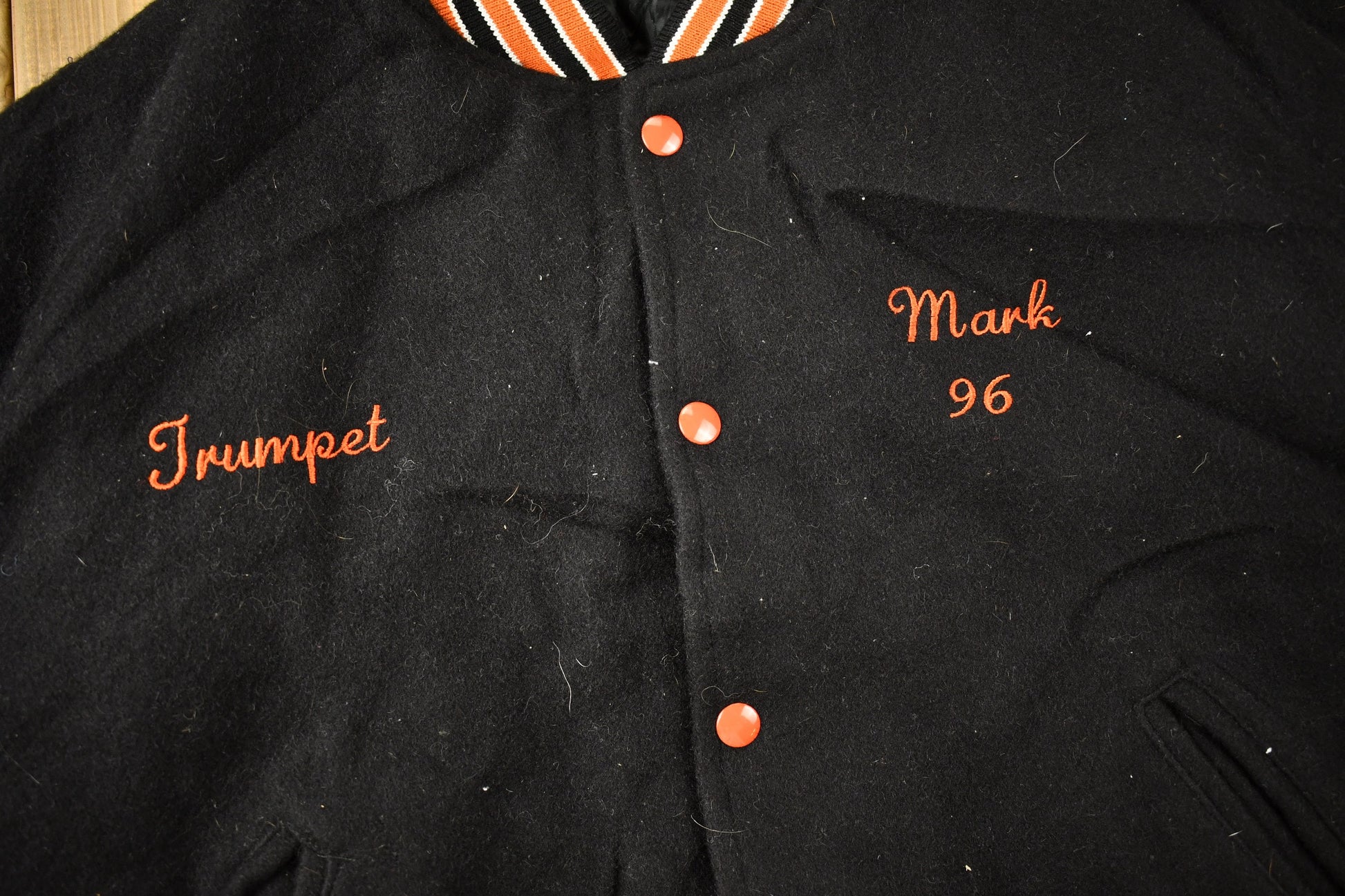 Vintage 1990s Benton Music Wool Varsity Jacket / Embroidered / Orange & Black / Quilted Jacket / Streetwear Fashion / 1990s