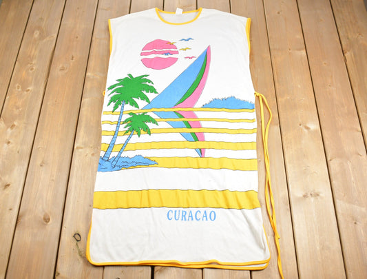 Vintage 1980s Curacao Beach Souvenir T Shirt Dress / Streetwear / Graphic Shirt Dress / Beach Dress / Vacation Tee / Travel T Shirt