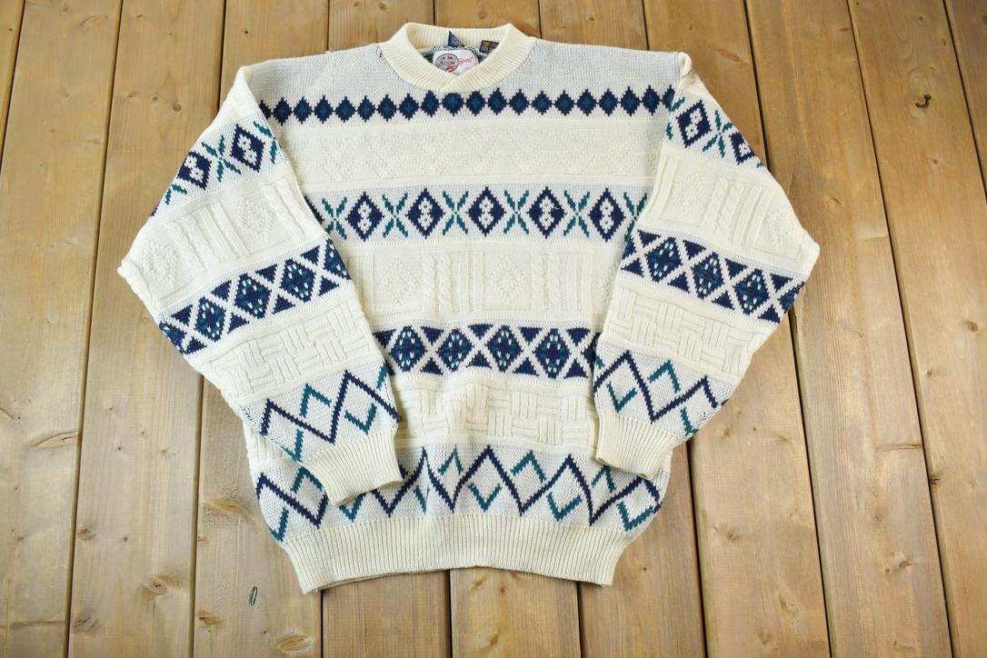 Vintage 1990s Arrow Sport Knit Abstract Pattern Crewneck Sweater /