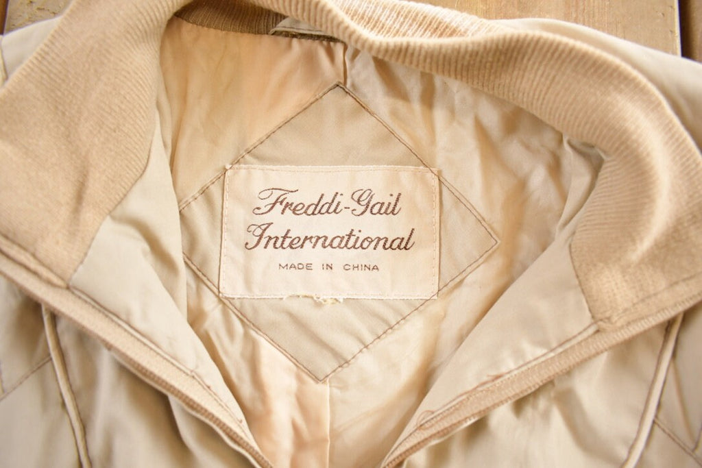 Vintage 1990s Freddi Gail International Beige Satin Bomber Jacket