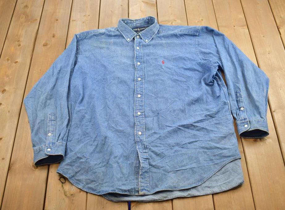 Vintage 1990s Polo Ralph Lauren Small Pony Denim Button Up Shirt