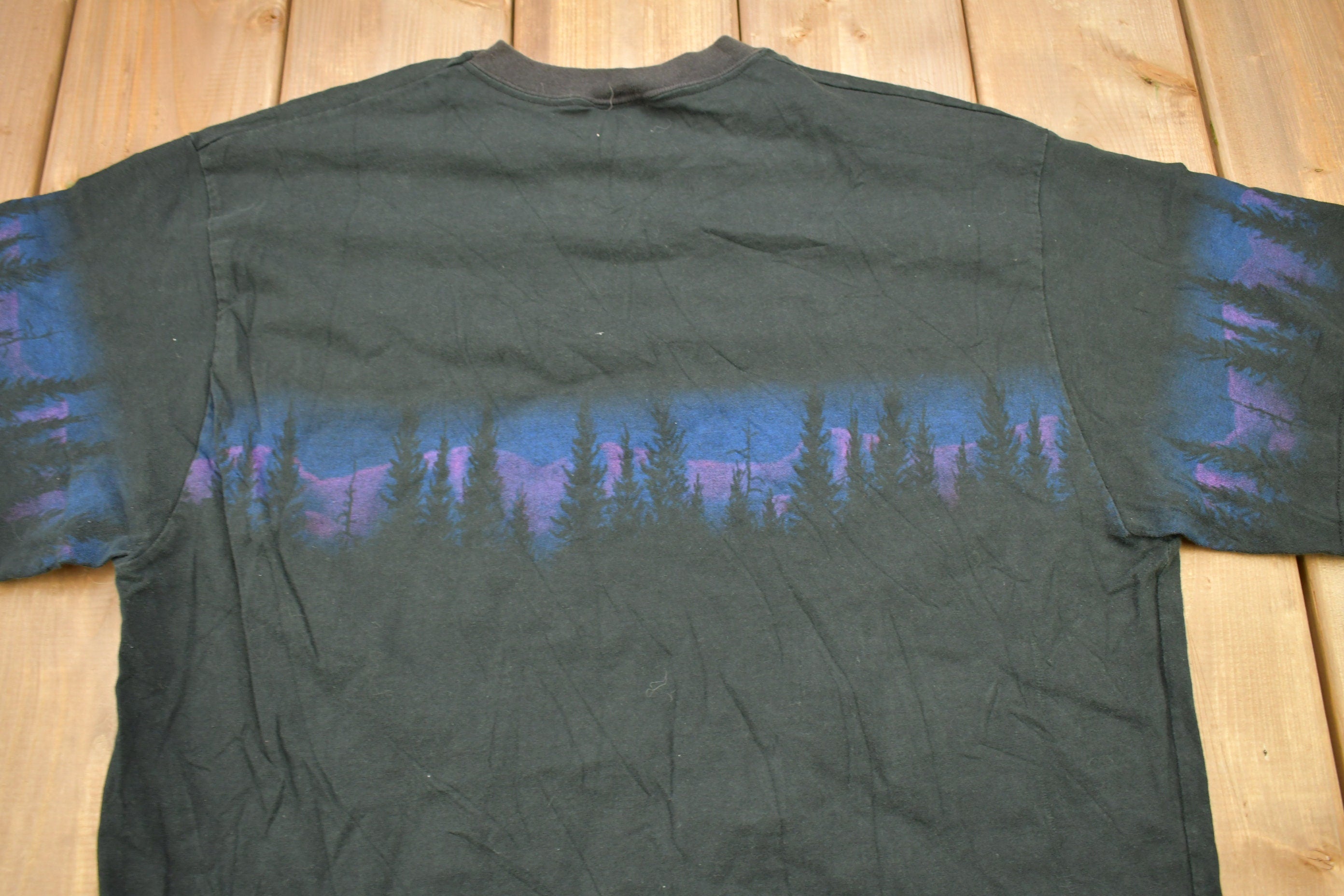 Vintage 1990s Wolf Theme All Over Print Graphic T-Shirt Made In USA