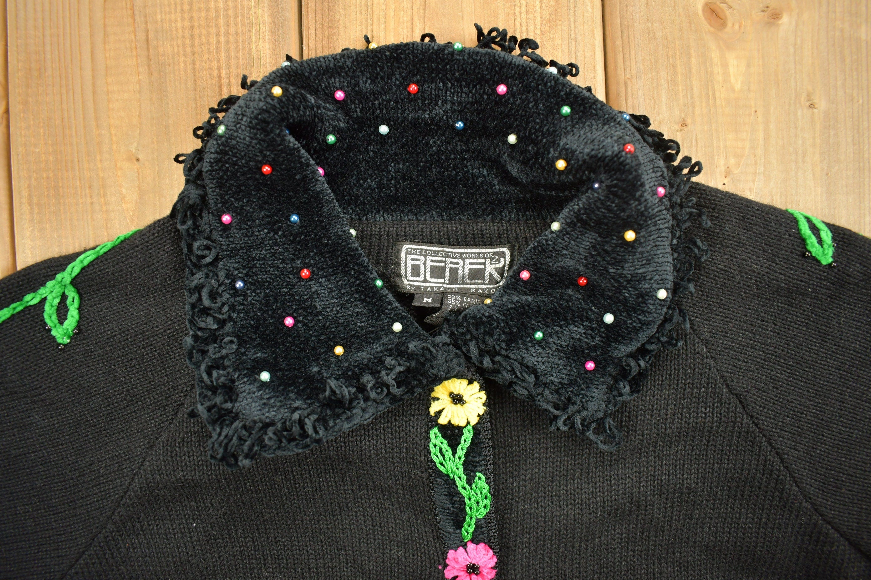 Vintage 1990s Berer Floral Embroidered Knitted Button Up Sweater