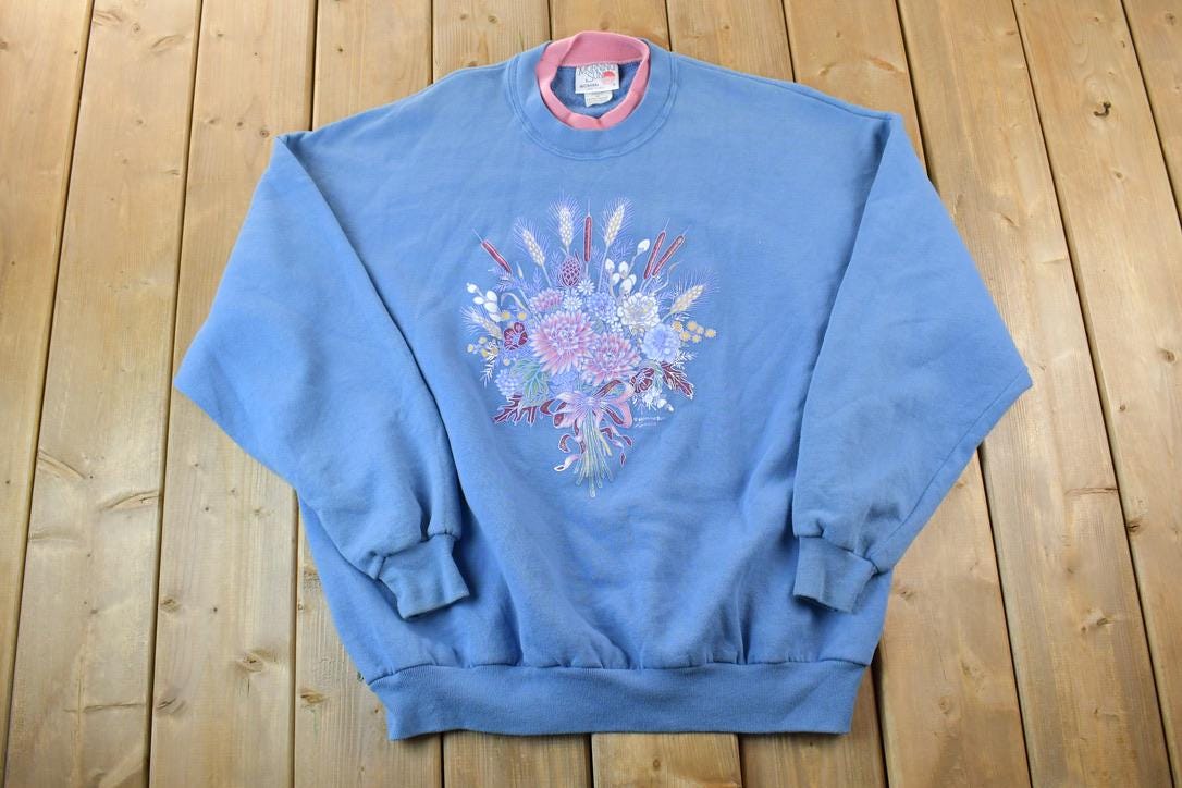 Vintage 1990s Morning Sun Cute Floral Double Collar Crew Neck Sweater