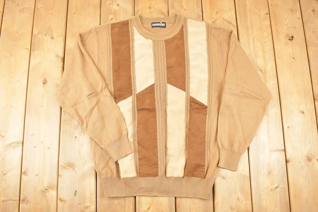 Vintage 1980s Platinum Mode Suede Patch Cable Knit Crewneck Sweater Mens L / 80s Knitted Sweatshirt / Vintage Preppy Knits