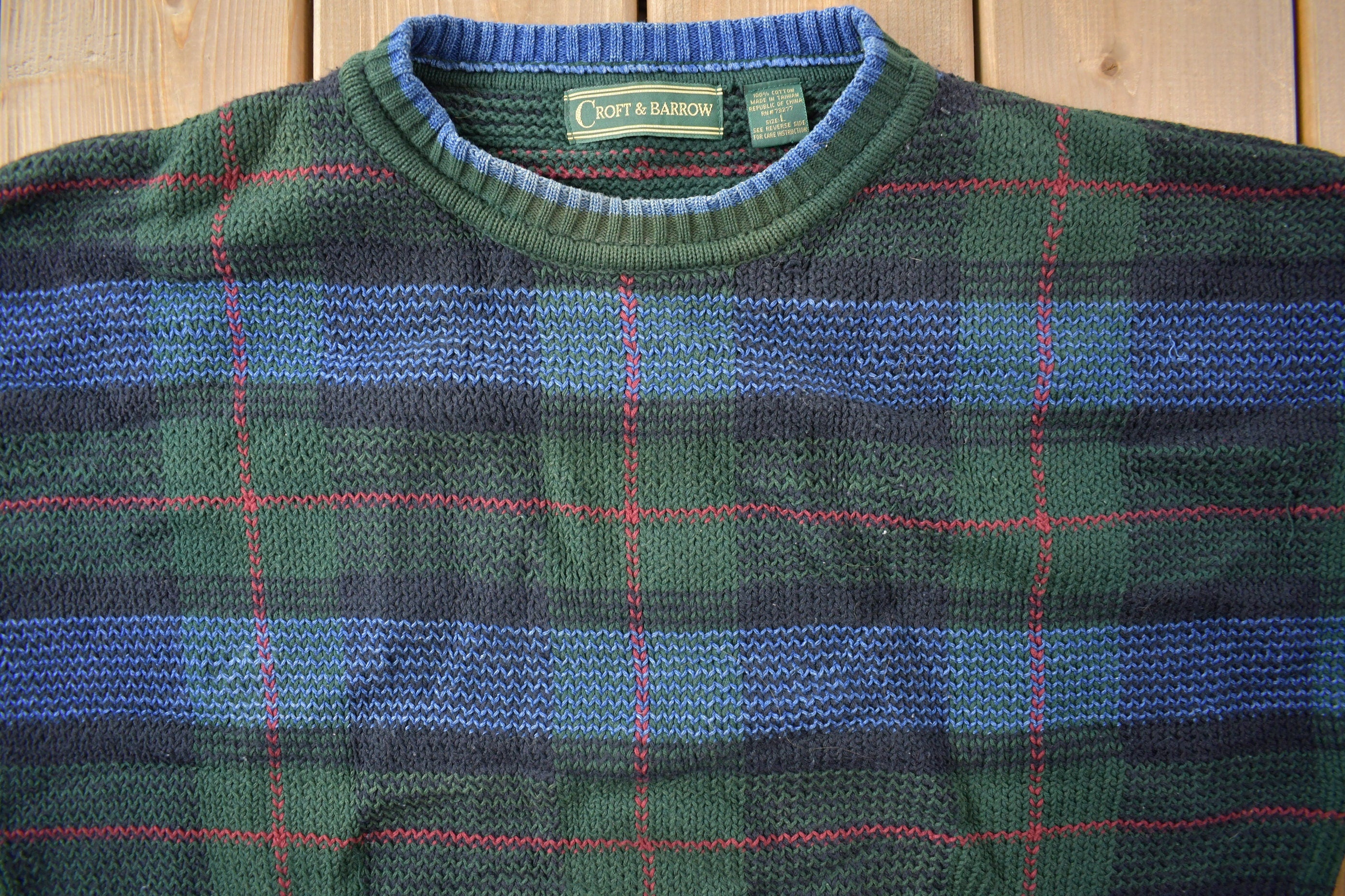 Vintage 1990s Croft & Barrow Plaid Knit Crewneck Sweater /