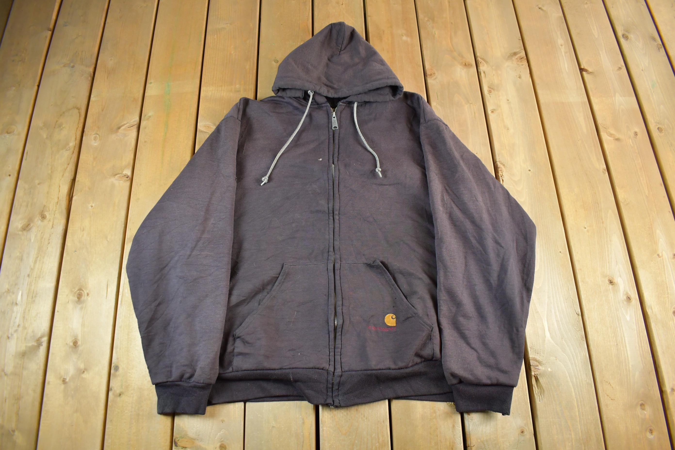 Vintage Distressed Carhartt Full Zip Thermal Lined Hoodie Sweatshirt Men's XL
