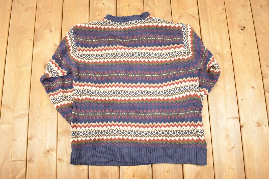 Vintage 1990s North Crest Abstract Striped Knit Crewneck Sweater Women's XL / 90s Knitted Sweatshirt / Vintage Preppy Knits
