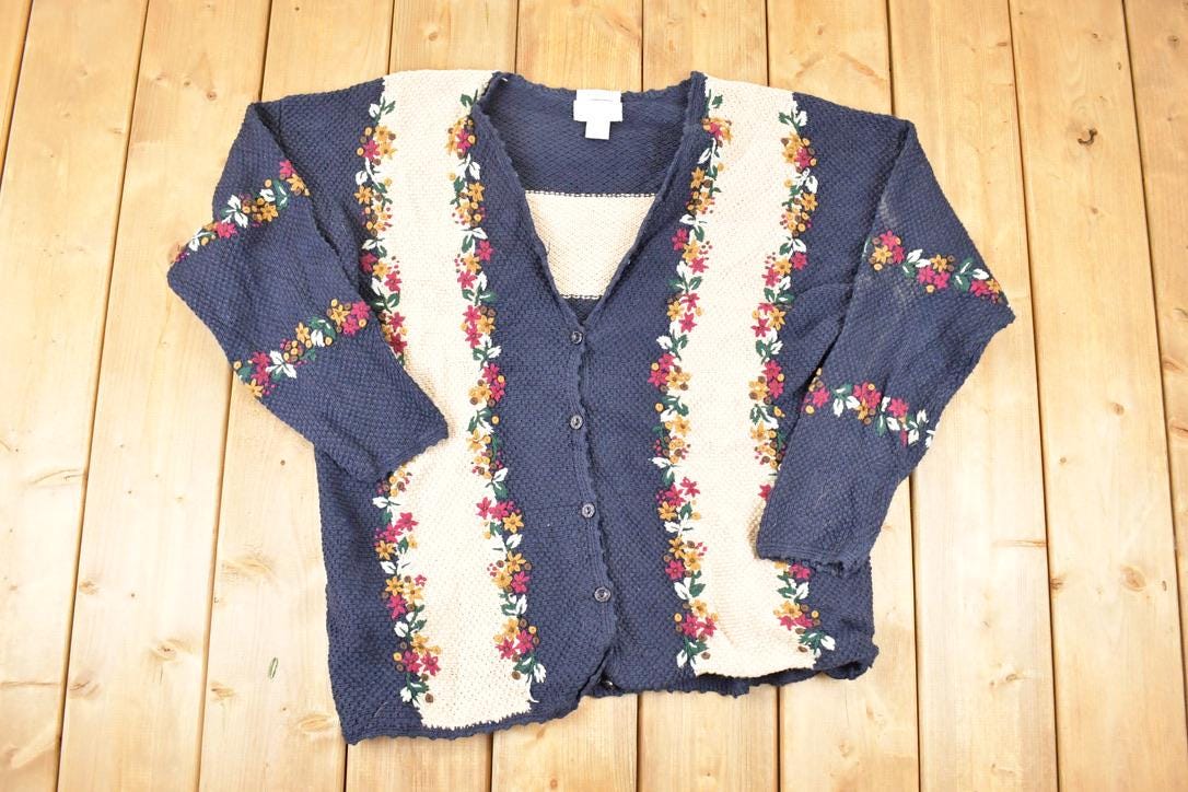 Vintage 1990s Christopher & Banks Hand Embroidered Floral Knit Cardigan Sweater Womens L