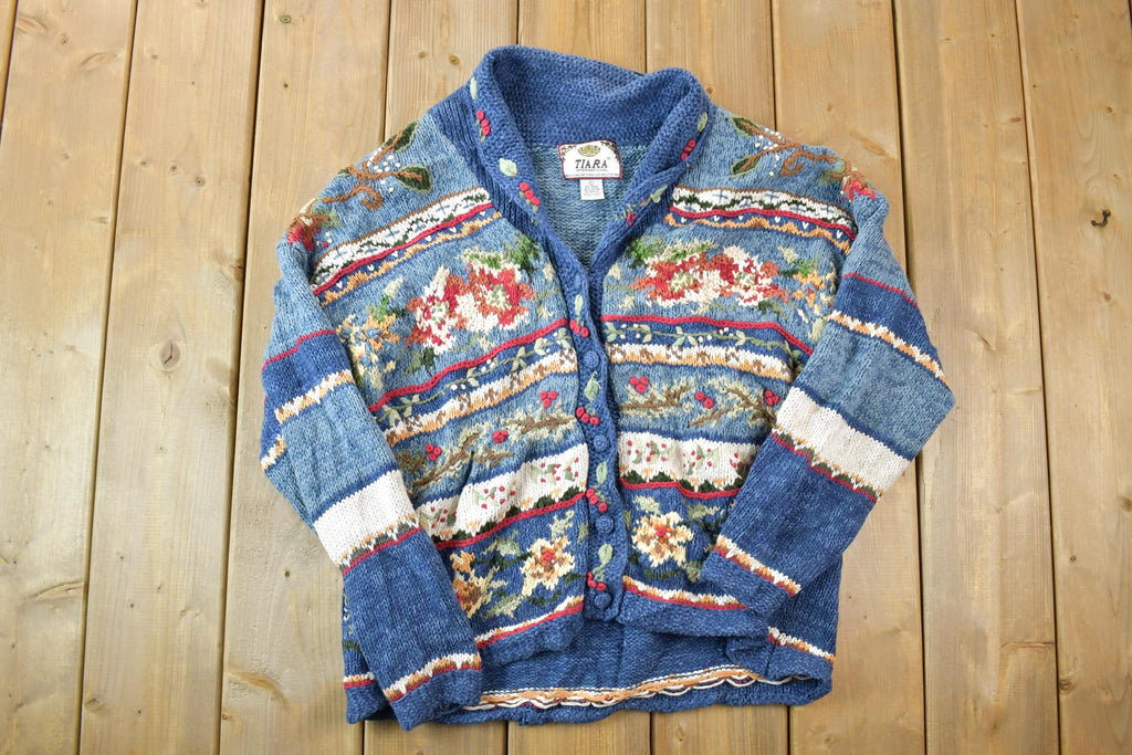 Vintage 1990s Tiara International Holly Christmas heavy Full Button Up Knit Shawl Sweater  90s Crewneck  Made In USA  Preppy Knit