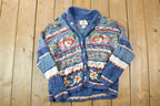 Vintage 1990s Tiara International Holly Christmas heavy Full Button Up Knit Shawl Sweater  90s Crewneck  Made In USA  Preppy Knit