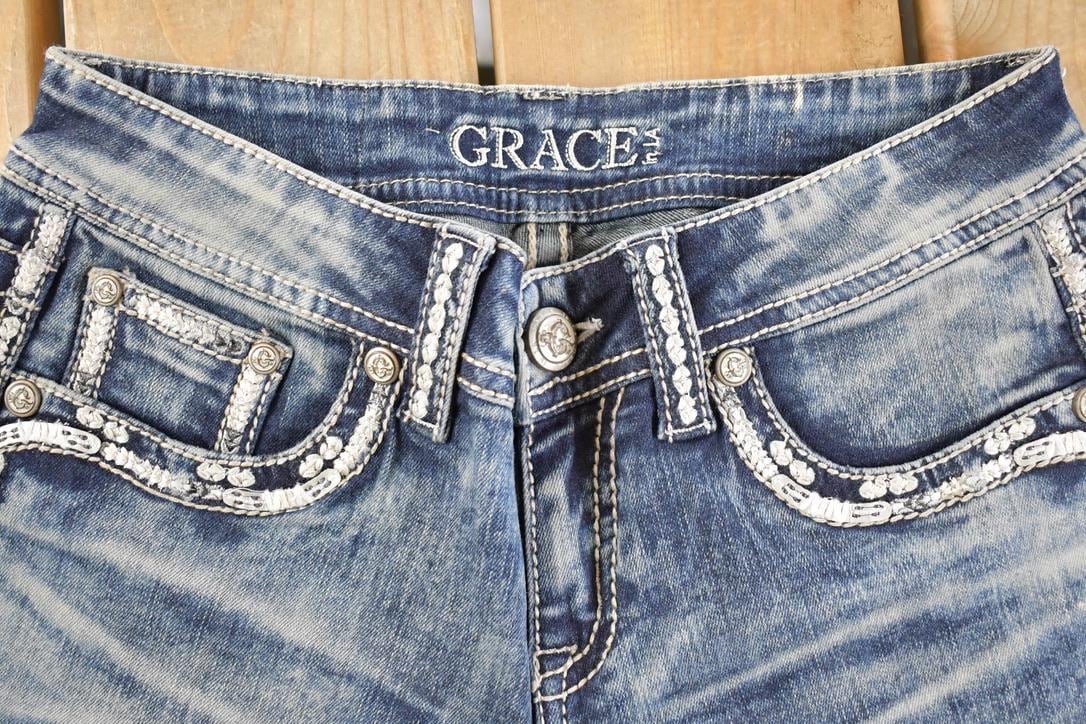 Vintage Deadstock Y2K Grace In LA Bedazzled Bootcut Low Rise Jeans Women's Size 26 x 32