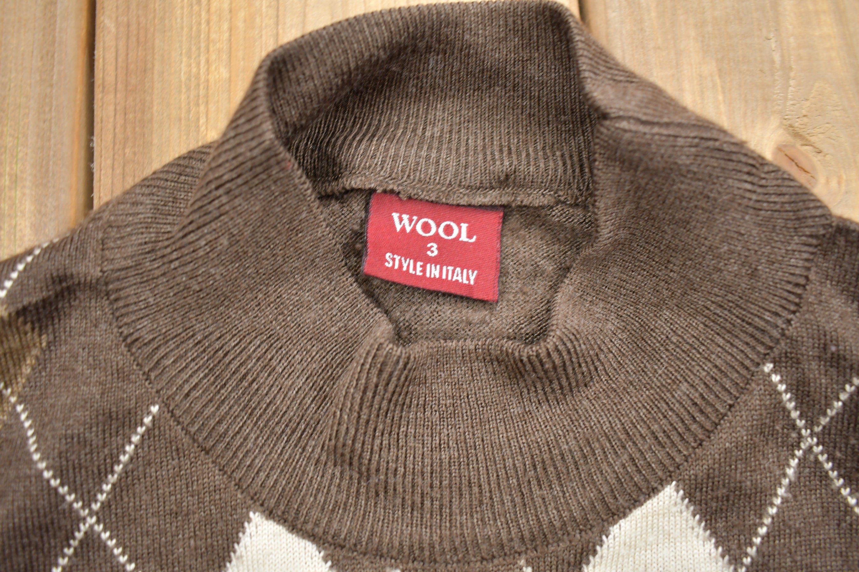 Vintage 1990s 100% Wool Knit Argyle Mock Neck Sweater