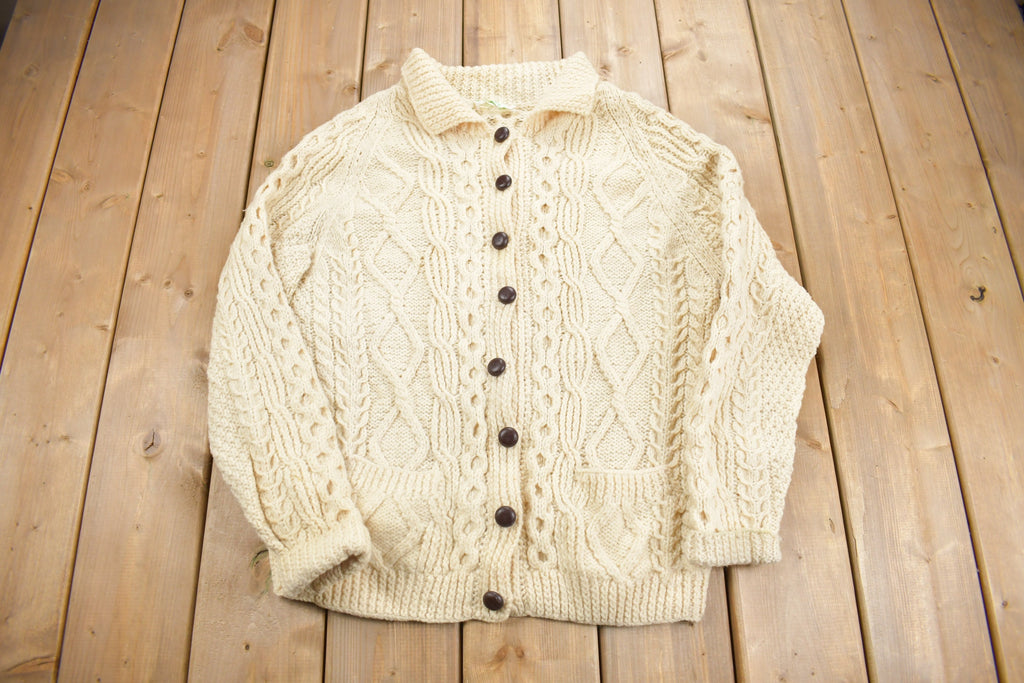 Vintage 1980s Deidres Designs 100% Wool Cable Knit Cardigan Sweater