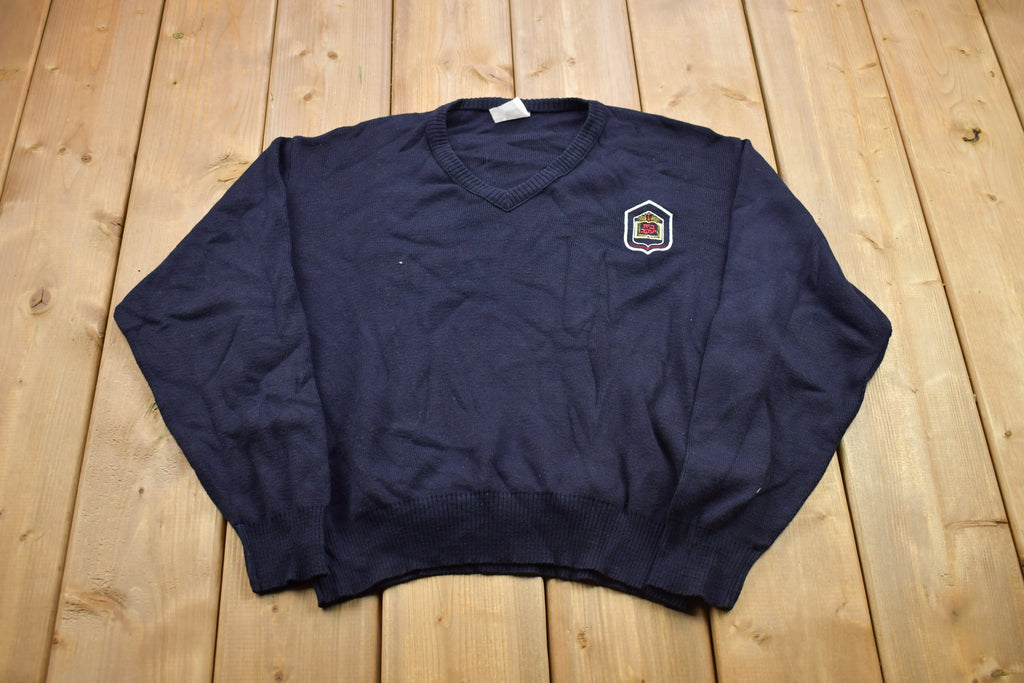 Vintage 1990s Knitted Navy Blue Crewneck Sweater / Vintage 90s Sweater / Embroidered / Basic Knit / Sweatshirt / School Uniform Knit